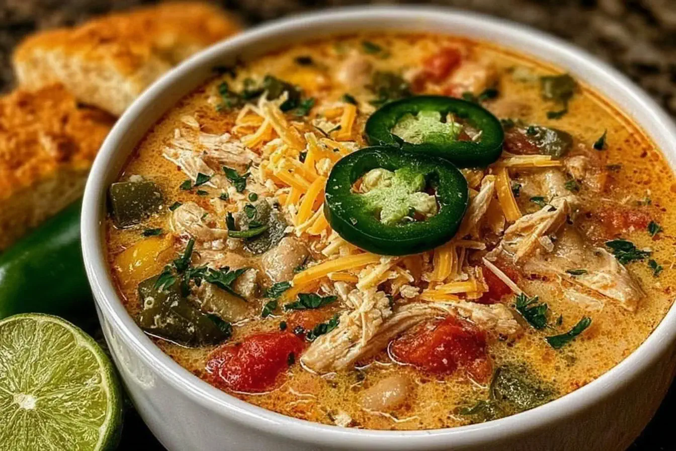 Creamy Cajun White Chicken Chili topped with cheese, jalapeños, and fresh cilantro in a bowl