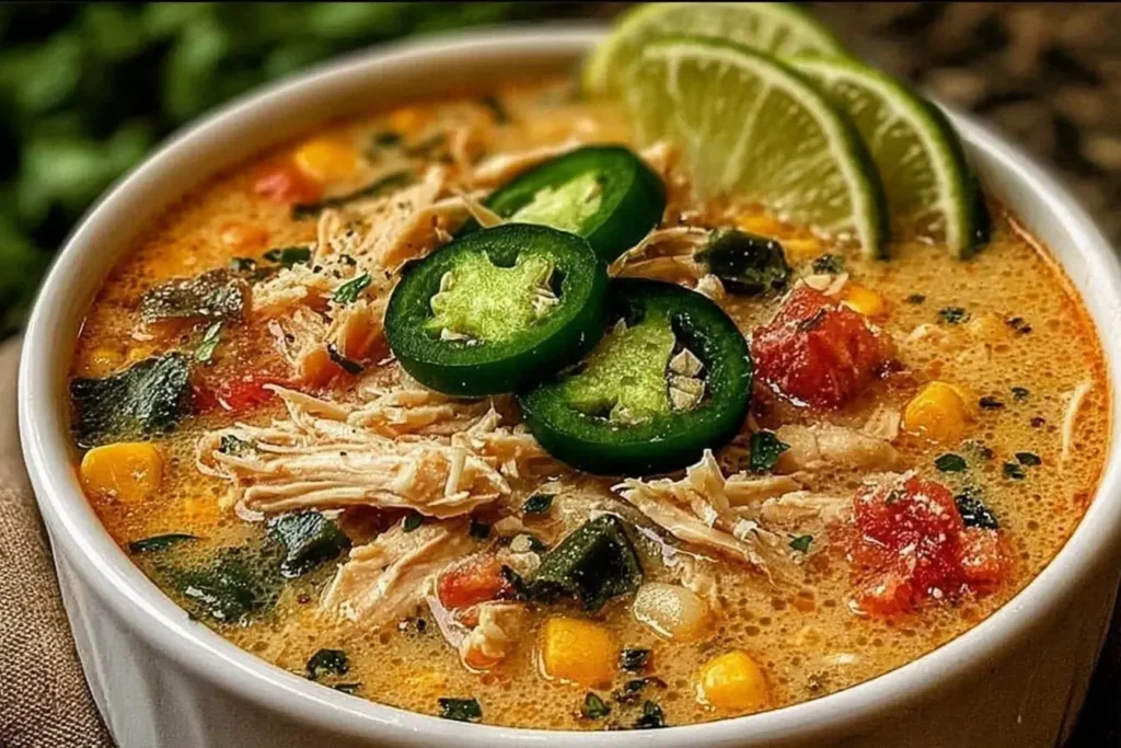 Bowl of Cajun White Chicken Chili with shredded chicken, corn, tomatoes, jalapeños, and lime wedges