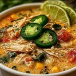 Bowl of Cajun White Chicken Chili with shredded chicken, corn, tomatoes, jalapeños, and lime wedges