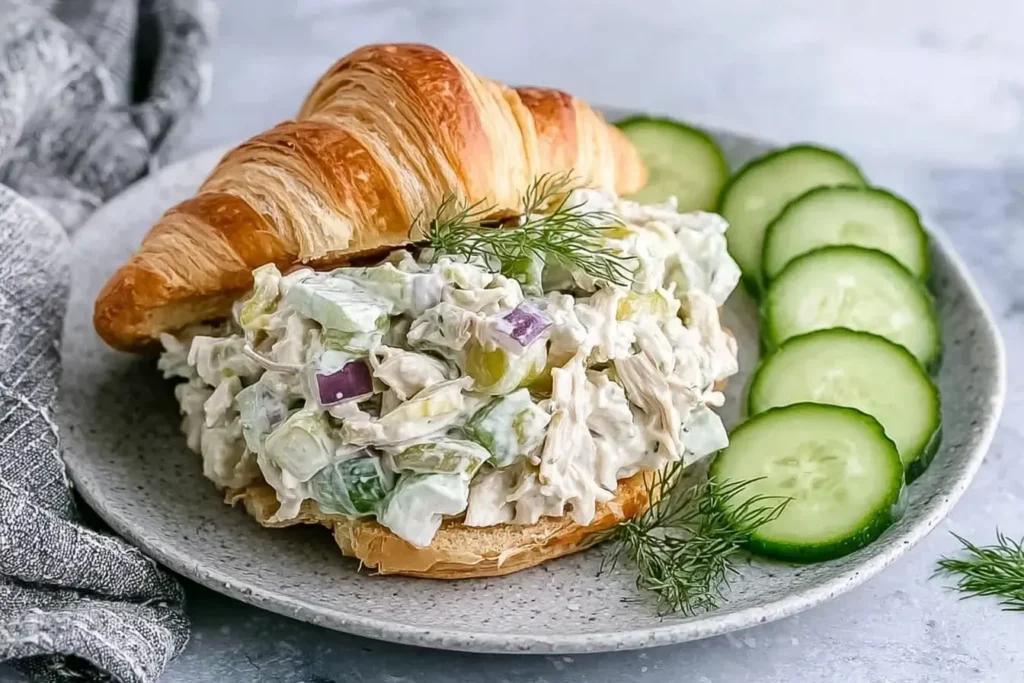 Savory Dill Pickle Chicken Salad served on a croissant with fresh cucumber slices on the side.
