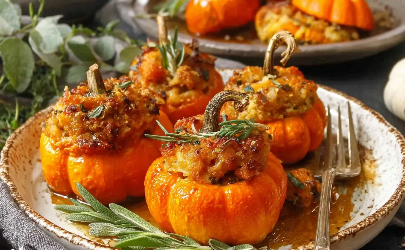 Oven-baked stuffed mini pumpkins filled with a golden, herb-seasoned stuffing, garnished with fresh rosemary and sage on a rustic plate.