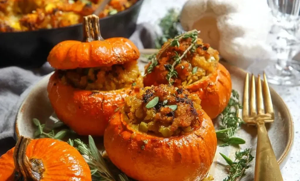 Golden roasted stuffed mini pumpkins filled with savory herbs and bread stuffing, served on a plate with fresh thyme and sage.