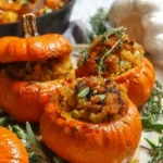 Golden roasted stuffed mini pumpkins filled with savory herbs and bread stuffing, served on a plate with fresh thyme and sage.