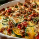 Ground Turkey Zucchini Casserole baked with melted cheese, fresh herbs, and juicy tomatoes in a white dish.