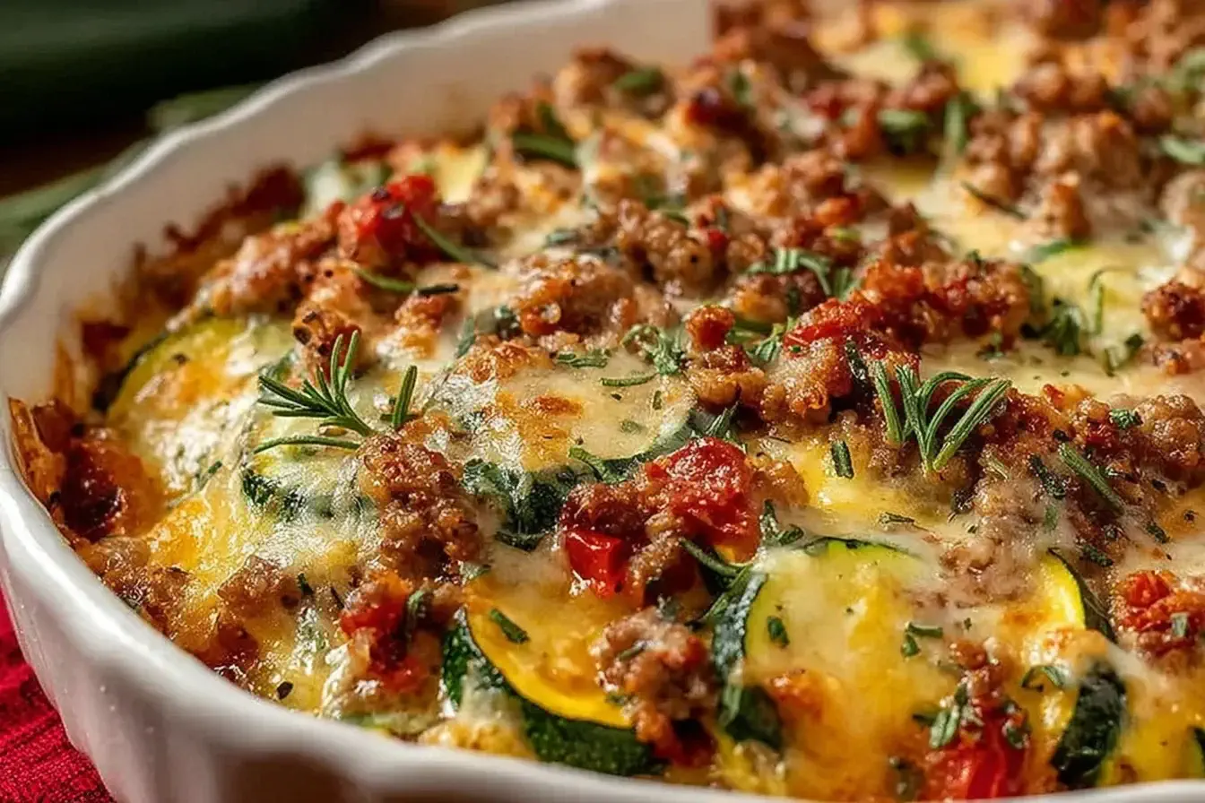 Ground Turkey Zucchini Casserole baked with melted cheese, fresh herbs, and juicy tomatoes in a white dish.