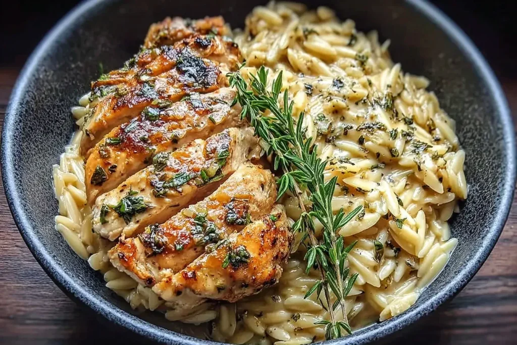 Sliced Slow Cooker Parmesan Herb Chicken and Orzo served in a bowl with creamy sauce and fresh rosemary garnish