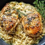 Slow Cooker Parmesan Herb Chicken and Orzo served with creamy sauce, fresh herbs, and tender orzo pasta in a rustic bowl