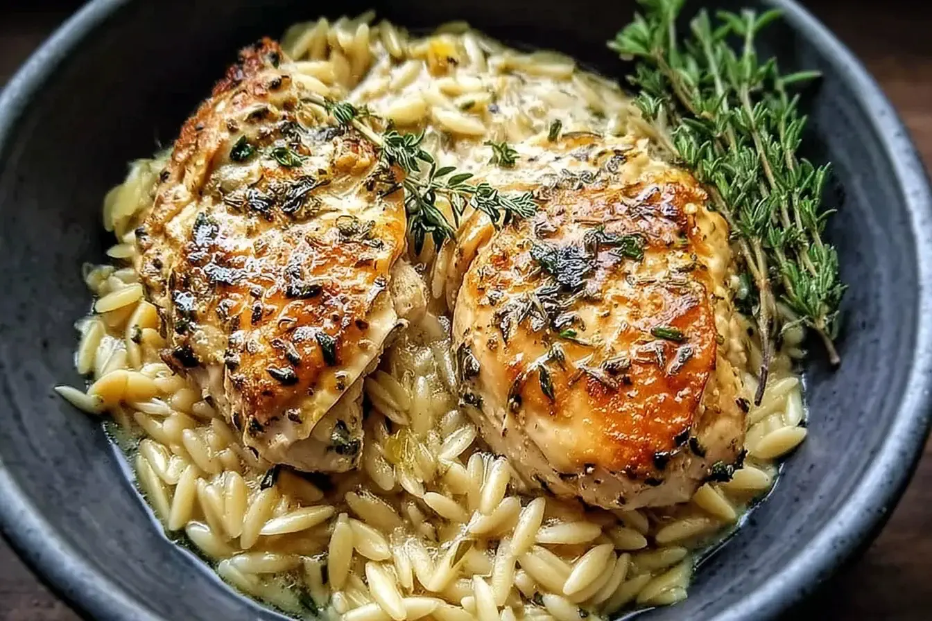 Slow Cooker Parmesan Herb Chicken and Orzo served with creamy sauce, fresh herbs, and tender orzo pasta in a rustic bowl