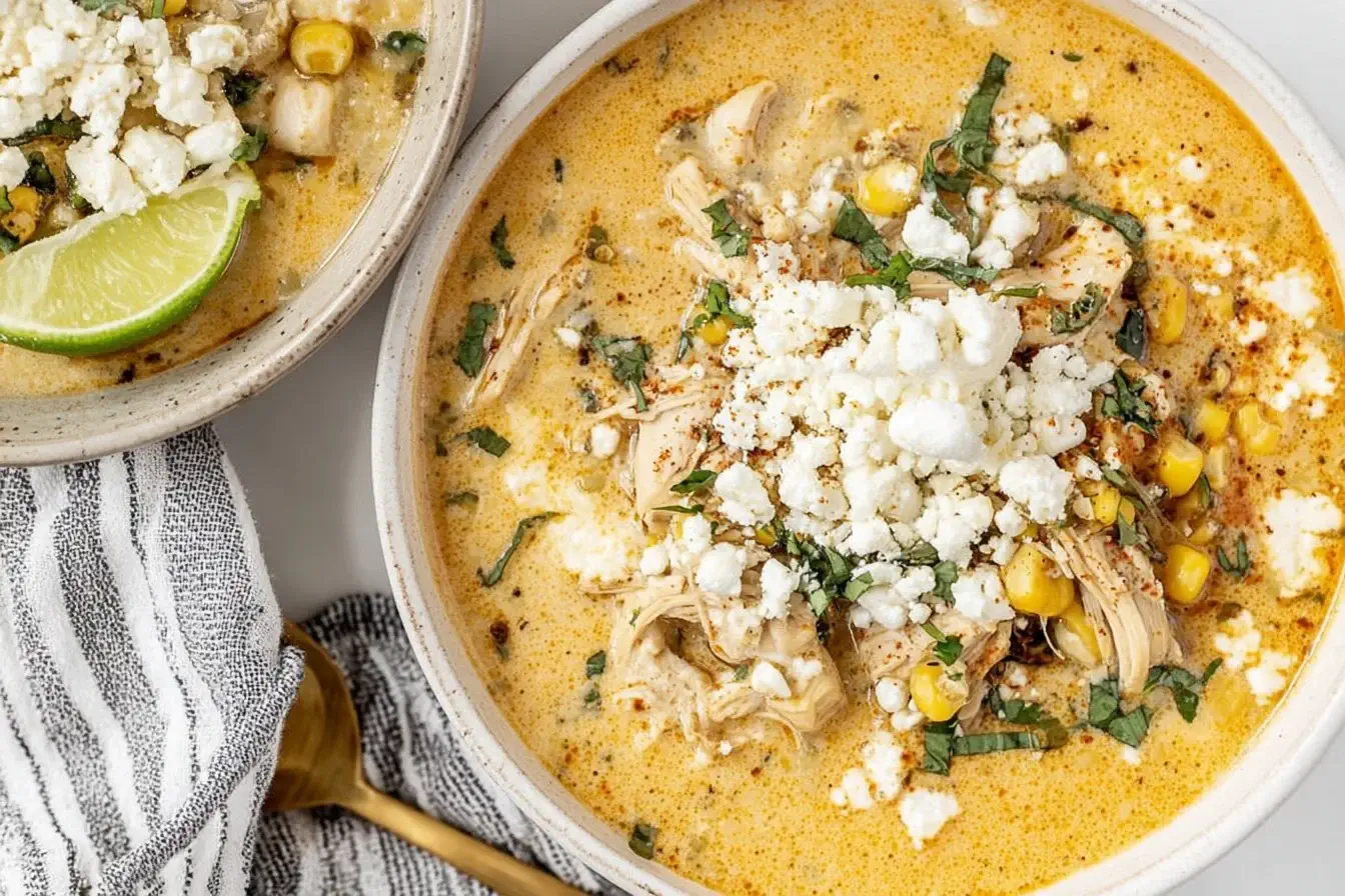 Bowl of Mexican Chicken Street Corn Soup topped with queso fresco, cilantro, corn, and a wedge of lime