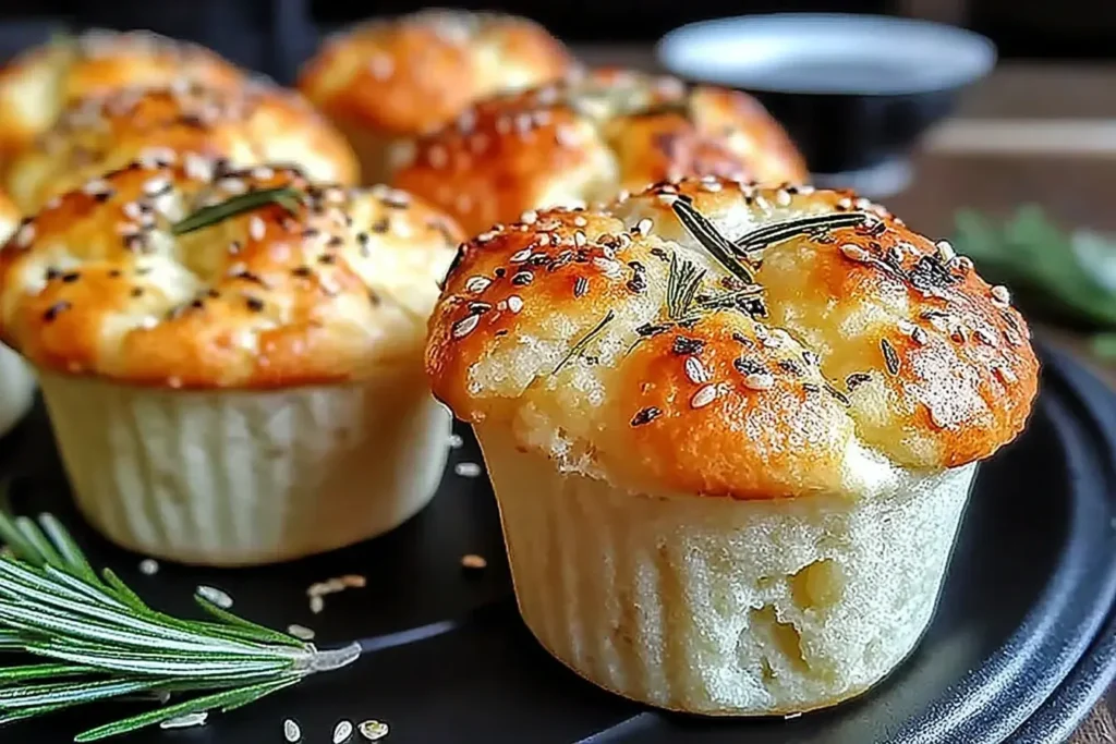 Golden-brown Garlic Rosemary Focaccia Muffins topped with sesame seeds and fresh rosemary on a black plate.