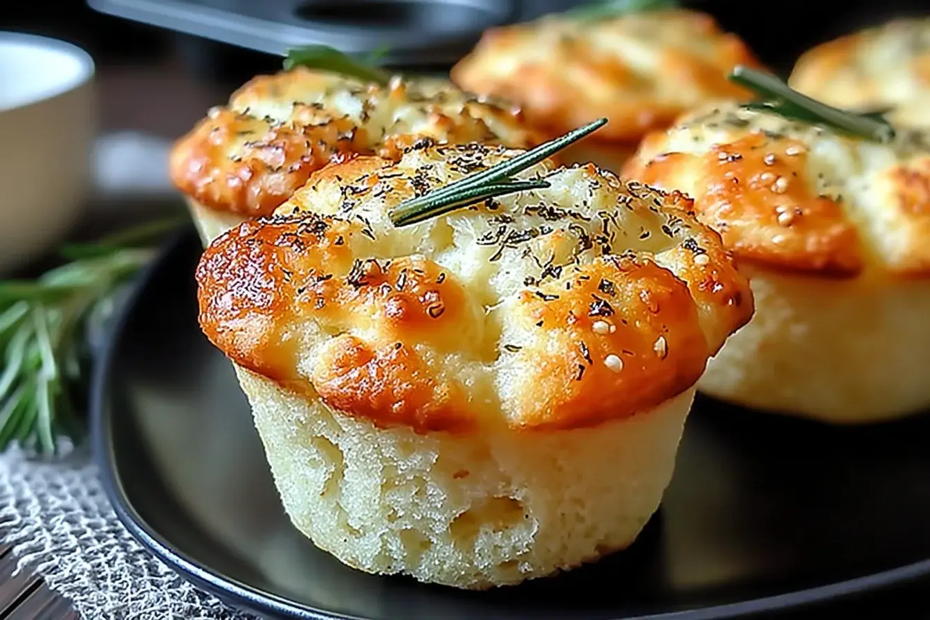 Freshly baked Garlic Rosemary Focaccia Muffins with golden tops, sesame seeds, and rosemary sprigs on a black plate.