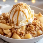 Crockpot Caramel Apple Dump Cake topped with vanilla ice cream and caramel drizzle in a white bowl.