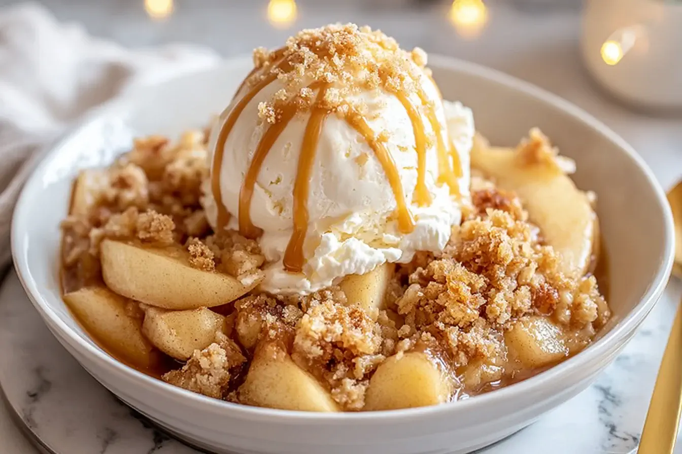 Crockpot Caramel Apple Dump Cake topped with vanilla ice cream and caramel drizzle in a white bowl.