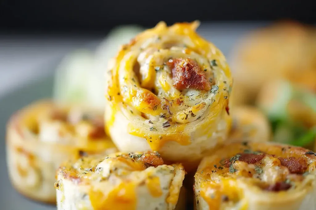 Close-up of Crack Chicken Pinwheels filled with melted cheese, bacon, and herbs, stacked on a serving plate.