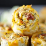 Close-up of Crack Chicken Pinwheels filled with melted cheese, bacon, and herbs, stacked on a serving plate.
