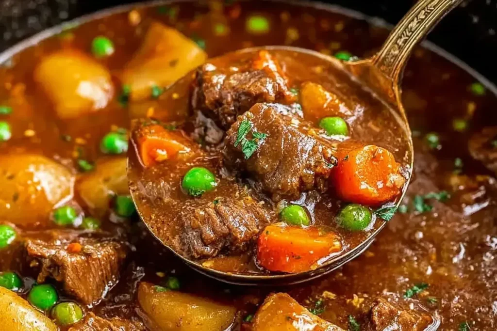 Wholesome Crockpot Beef Stew with tender beef, carrots, potatoes, and peas simmered in a rich, hearty broth.