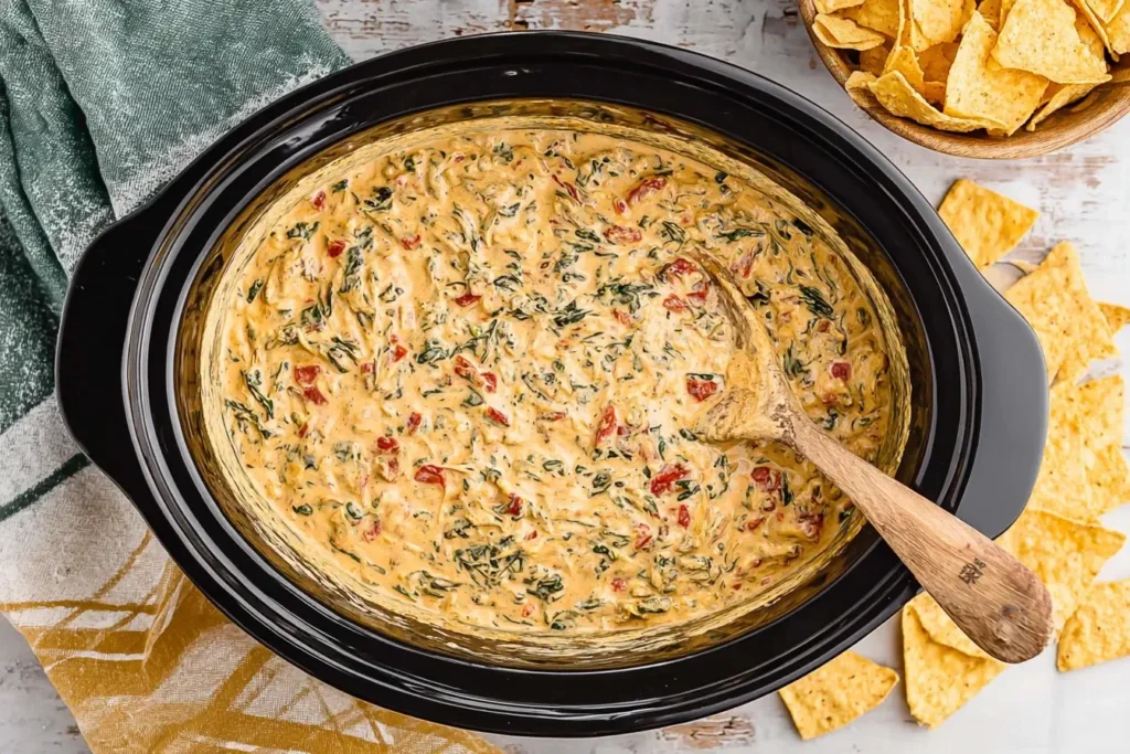 Slow Cooker Queso Spinach Dip in a crockpot with tortilla chips