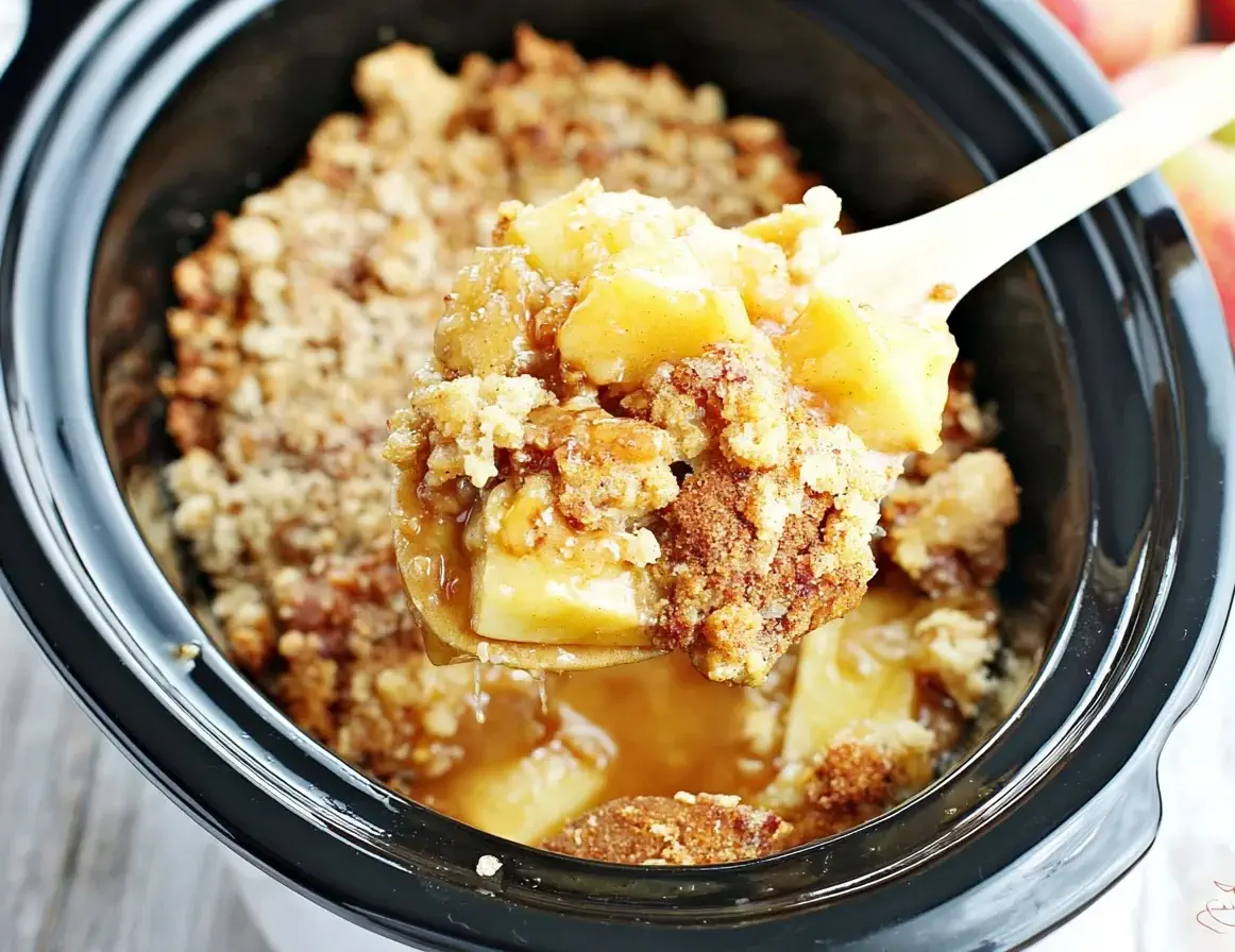 Spoonful of warm Crock Pot Apple Dump Cake from slow cooker