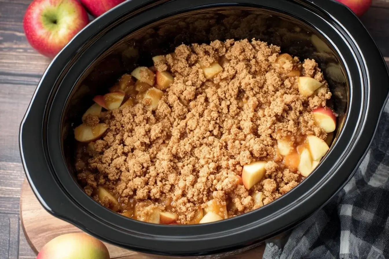 Homemade Apple Crisp Crockpot dessert with tender apples and golden crumble topping in a slow cooker.