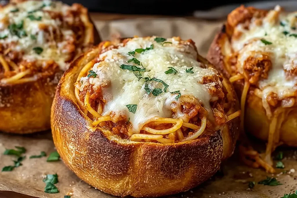 Cheesy Spaghetti Garlic Bread Bowls filled with pasta and topped with melted mozzarella and fresh parsley.