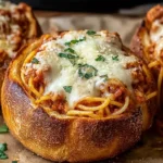 Cheesy Spaghetti Garlic Bread Bowls filled with pasta and topped with melted mozzarella and fresh parsley.