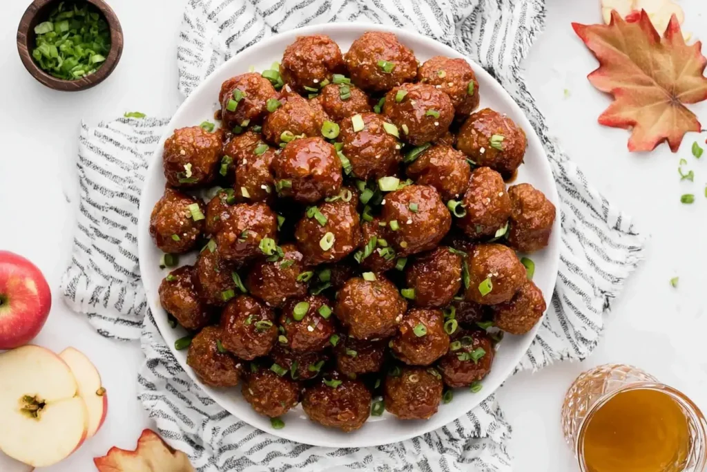Slow Cooker Apple Butter Meatballs served on a white plate, topped with chopped green onions, surrounded by apples and a fall leaf