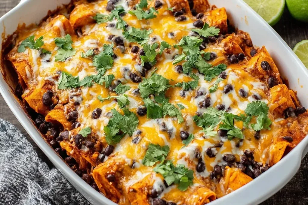Baked Sweet Potato and Black Bean Enchilada Casserole topped with melted cheese, black beans, and fresh cilantro in a white casserole dish.