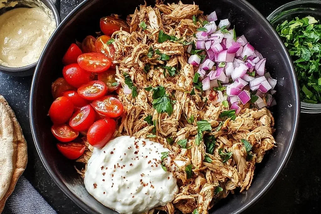 Slow cooker chicken shawarma with shredded chicken, cherry tomatoes, red onions, parsley, and yogurt sauce served in a black bowl.