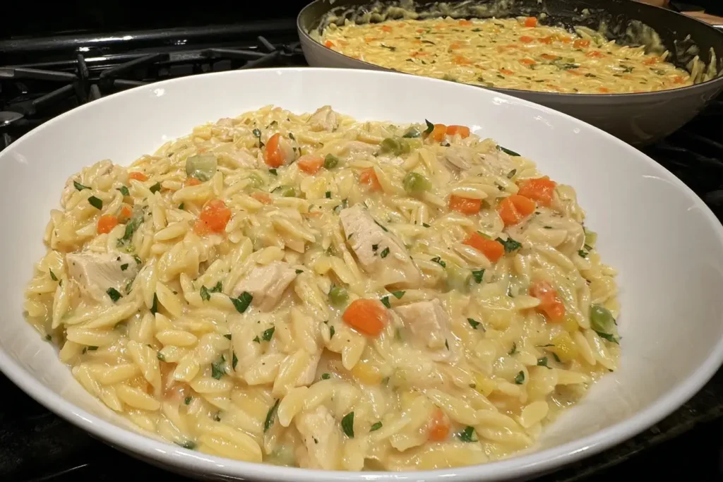 A bowl of Creamy Chicken Pot Pie Orzo with chicken, carrots, and peas served alongside a skillet.