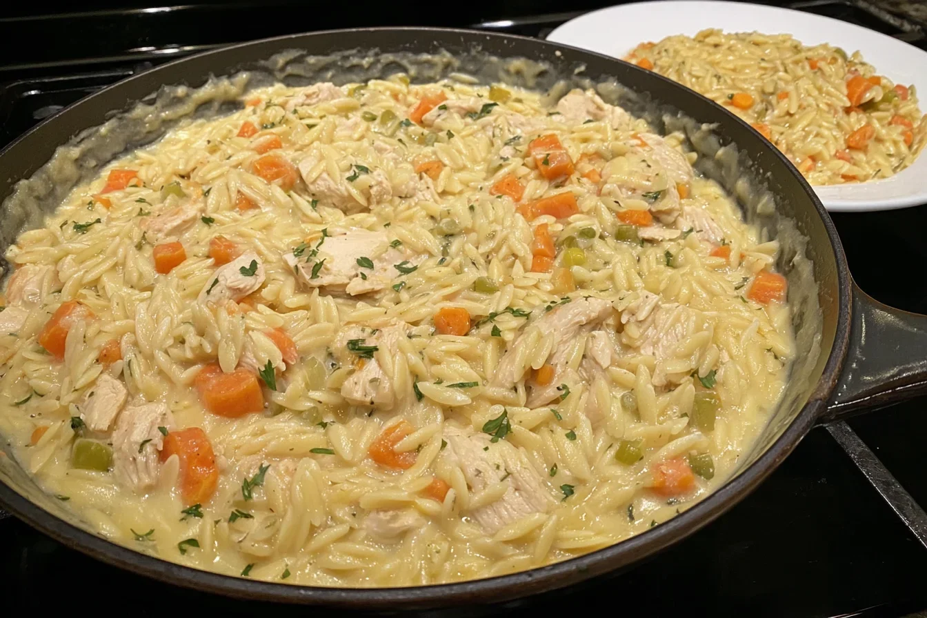 Creamy Chicken Pot Pie Orzo in a skillet with carrots, chicken, and herbs.