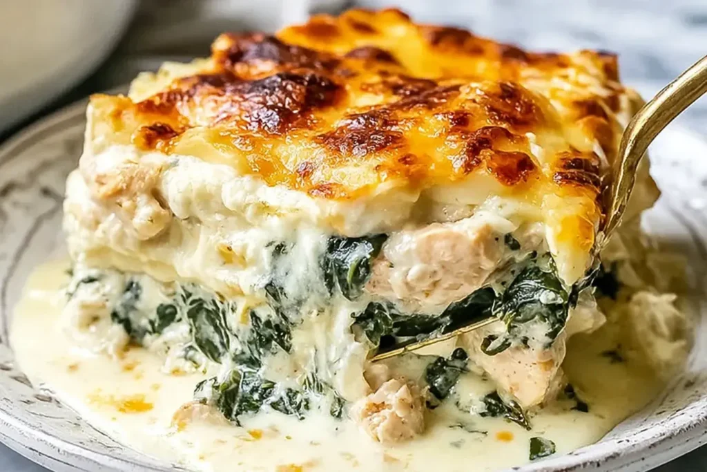Close-up of a creamy Chicken and Spinach Casserole with Cream Cheese served on a rustic plate
