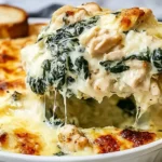 Spoonful of creamy Chicken and Spinach Casserole with Cream Cheese being lifted from a bubbling baked dish