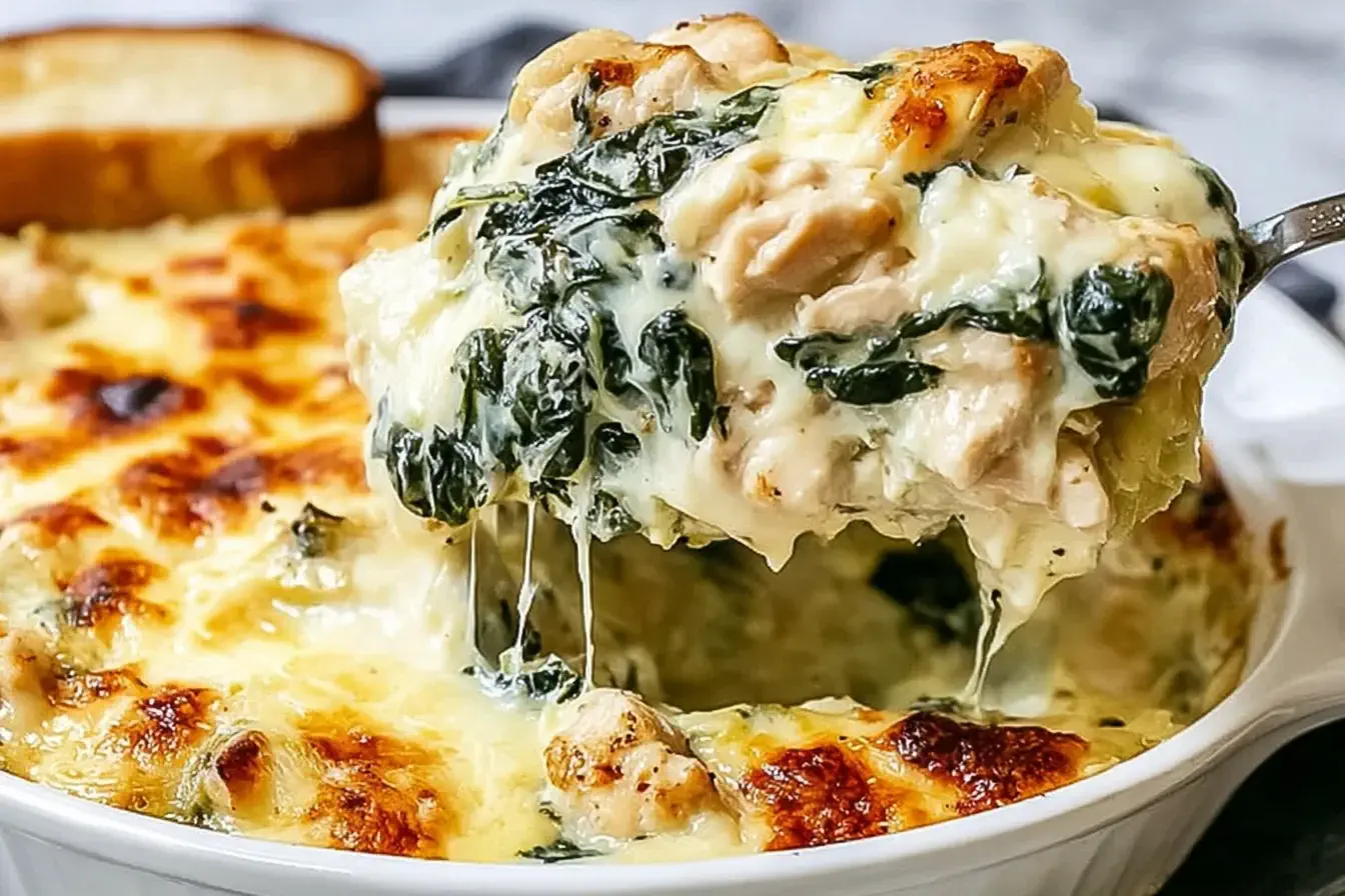 Spoonful of creamy Chicken and Spinach Casserole with Cream Cheese being lifted from a bubbling baked dish