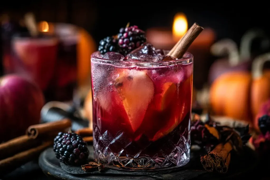 Poisoned Apple Cider cocktail with blackberries and cinnamon stick, perfect for fall nights.