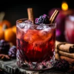 Poisoned Apple Cider cocktail with blackberries and cinnamon sticks, perfect for fall celebrations.