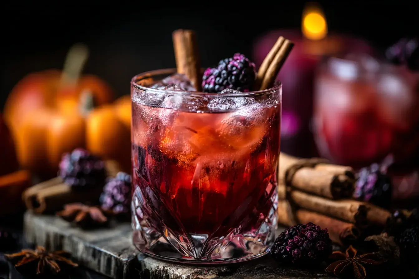 Poisoned Apple Cider cocktail with blackberries and cinnamon sticks, perfect for fall celebrations.