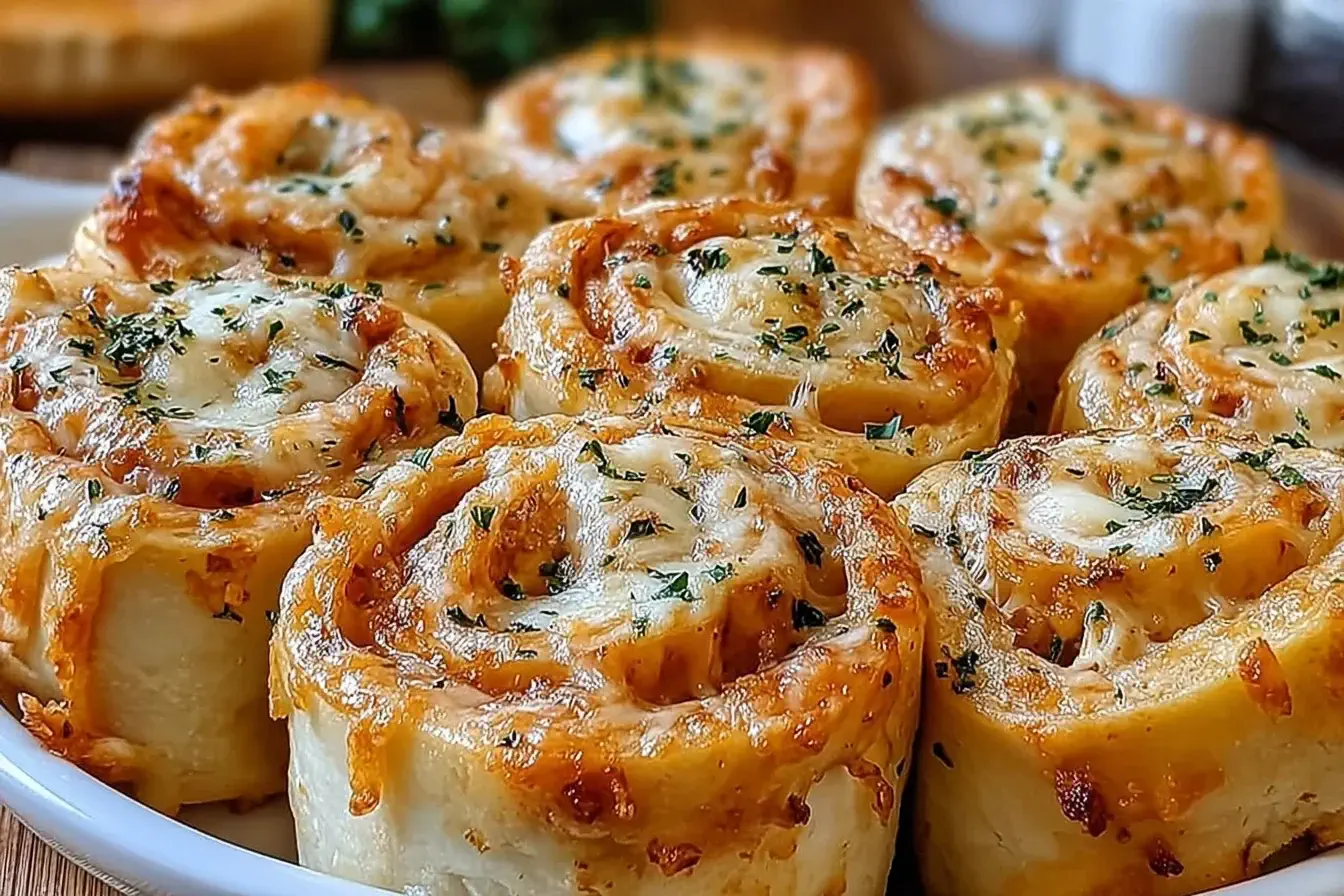 Golden-brown Crack Chicken Pinwheels topped with melted cheese and fresh parsley, served on a white plate.
