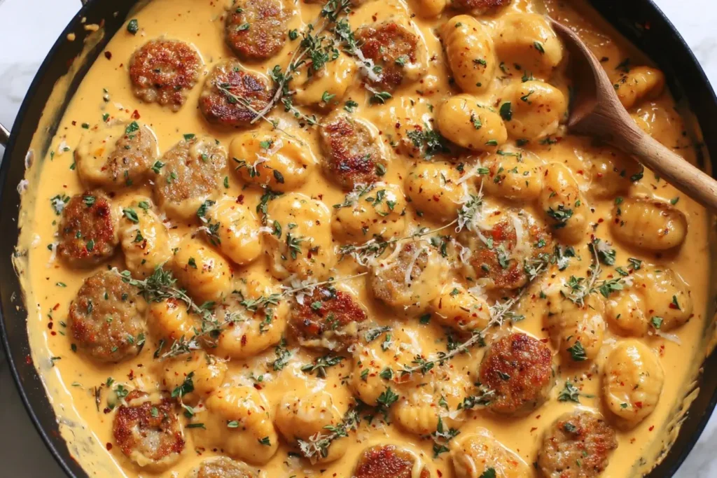 Creamy Butternut Squash Gnocchi with Sausage simmering in a rich, cheesy sauce with herbs