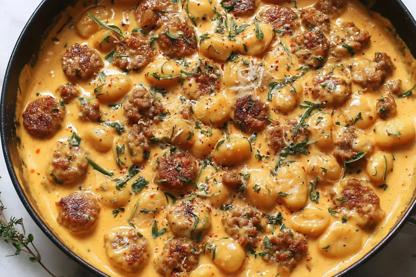Creamy Butternut Squash Gnocchi with Sausage topped with herbs in a skillet