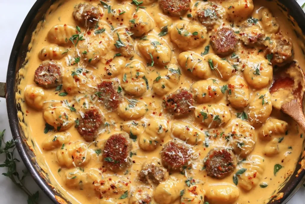 Creamy Butternut Squash Gnocchi with Sausage in a skillet garnished with herbs and cheese