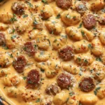 Creamy Butternut Squash Gnocchi with Sausage in a skillet garnished with herbs and cheese