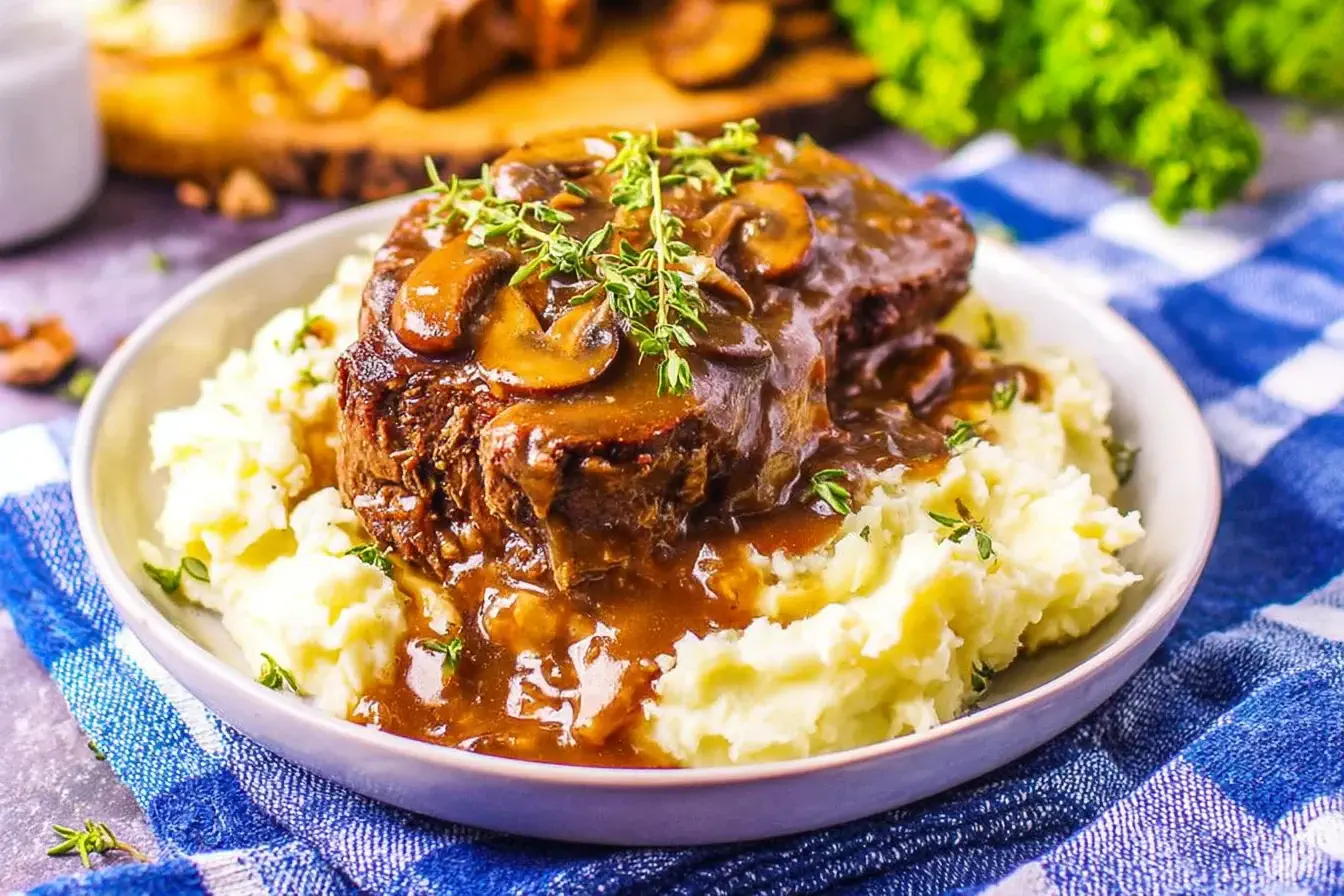 Slow Cooker Smothered Steak served with mashed potatoes and rich mushroom gravy on a white plate.