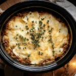 Crockpot Shepherd’s Pie topped with melted cheese and fresh thyme, served in a slow cooker.