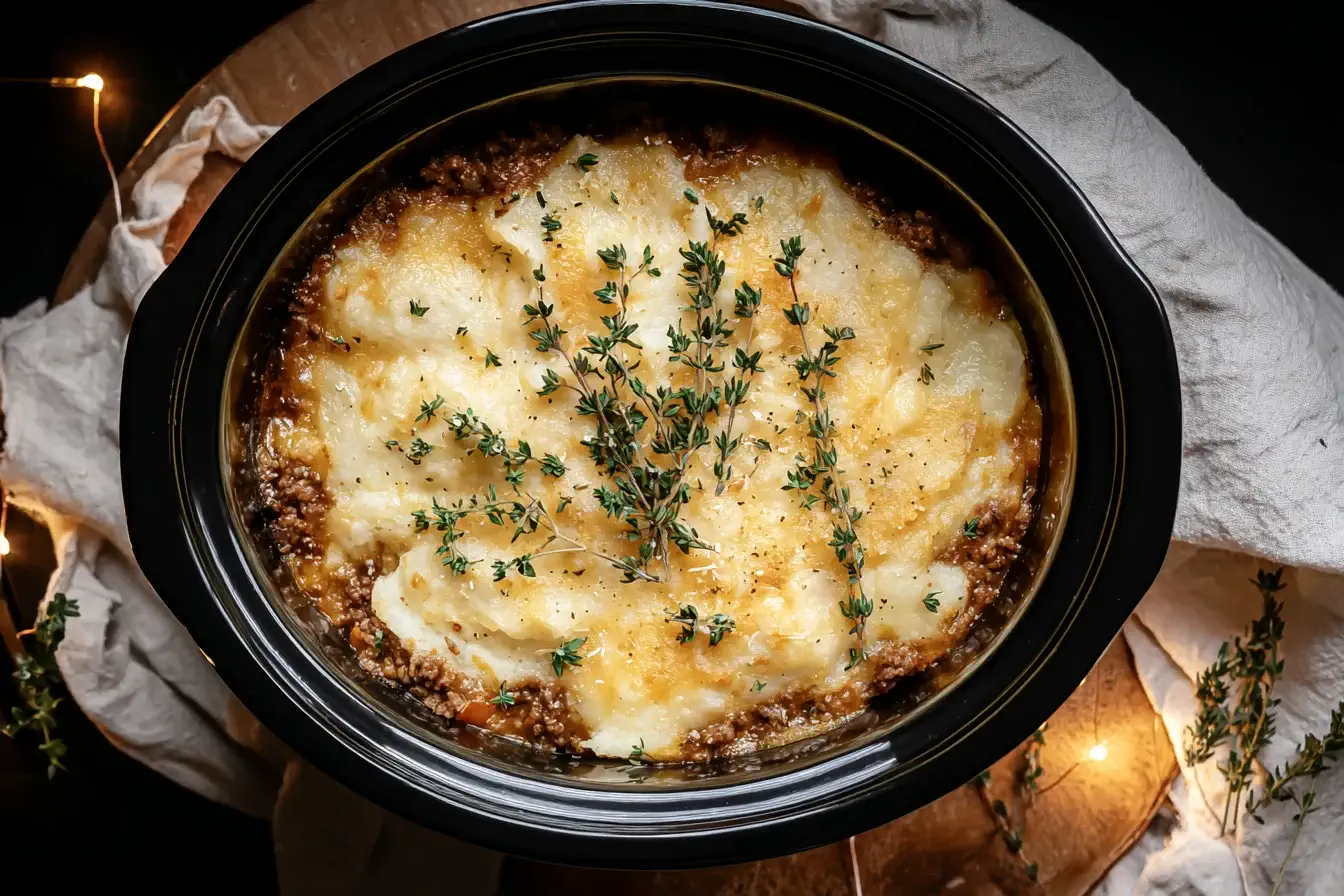 Crockpot Shepherd’s Pie topped with melted cheese and fresh thyme, served in a slow cooker.