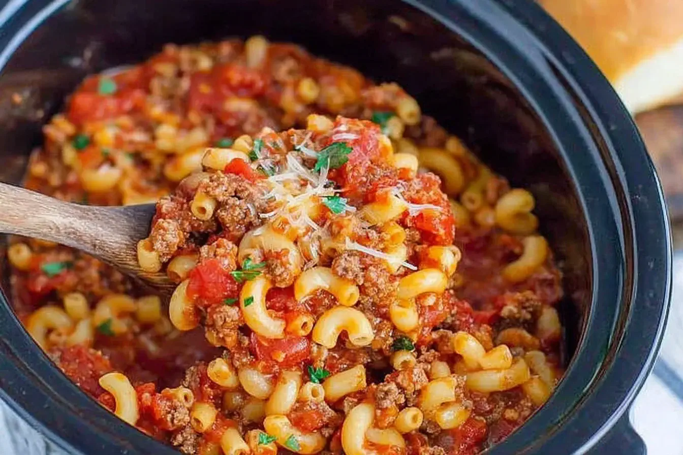 Crock Pot American Goulash with ground beef, pasta, and tomato sauce served straight from the slow cooker.
