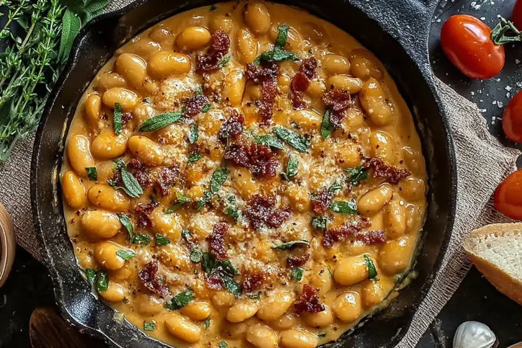 Skillet of Creamy Tuscan Marry Me Butter Beans topped with fresh herbs and crispy sun-dried tomatoes.