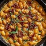Creamy Tuscan Marry Me Butter Beans in a skillet topped with fresh herbs and sun-dried tomatoes.