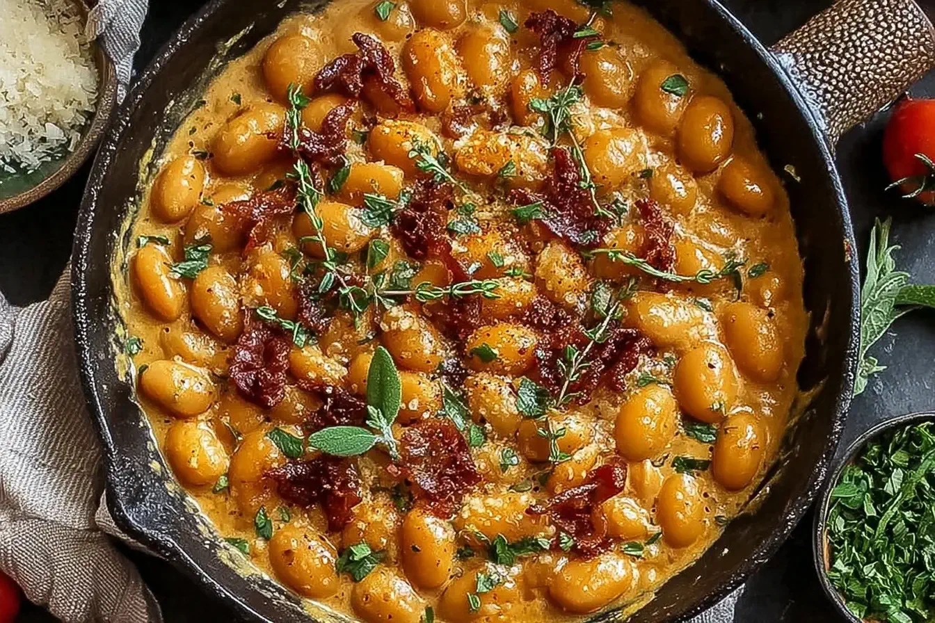 Creamy Tuscan Marry Me Butter Beans in a skillet topped with fresh herbs and sun-dried tomatoes.