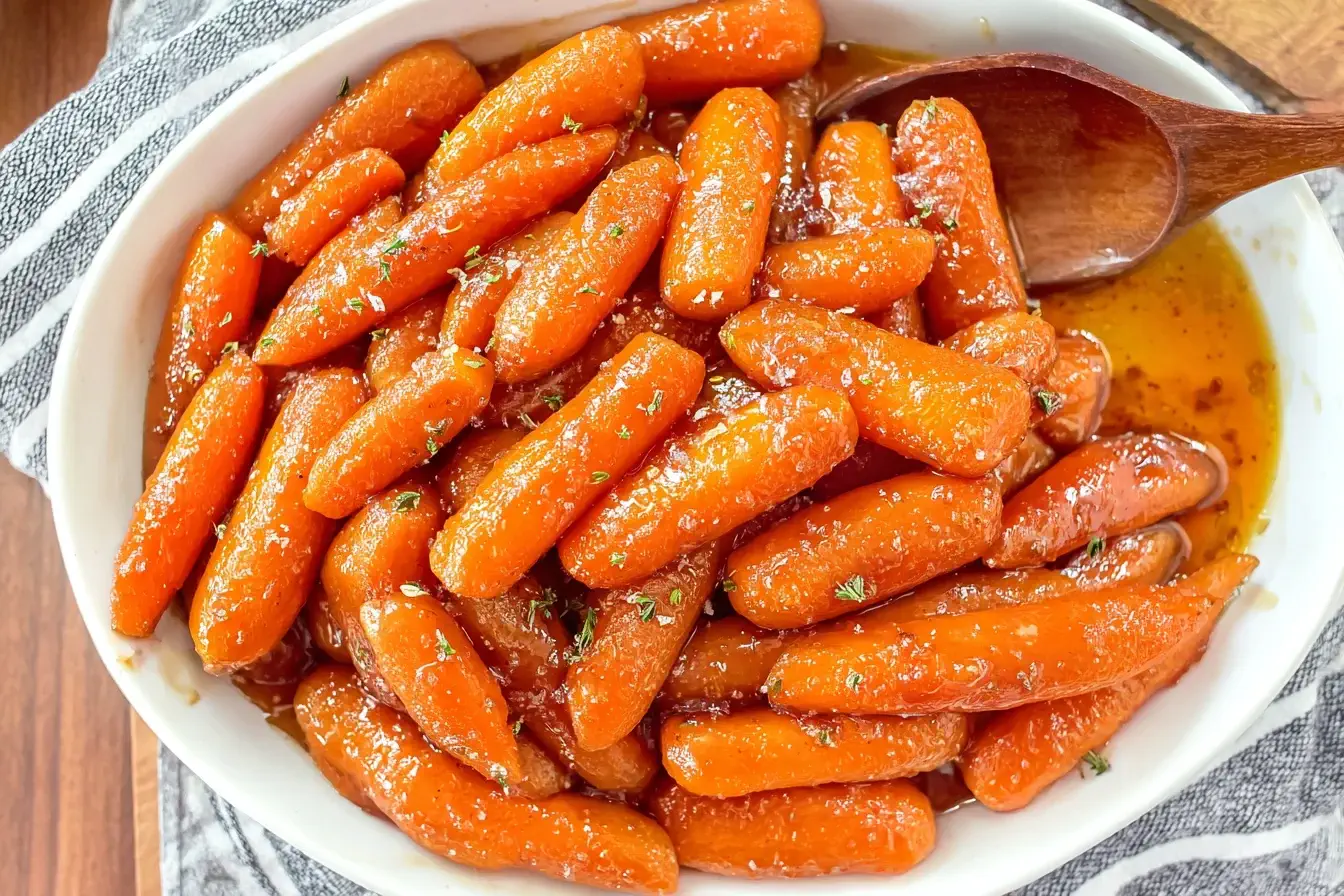 Tender Slow Cooker Maple and Brown Sugar Glazed Carrot topped with fresh herbs in serving dish