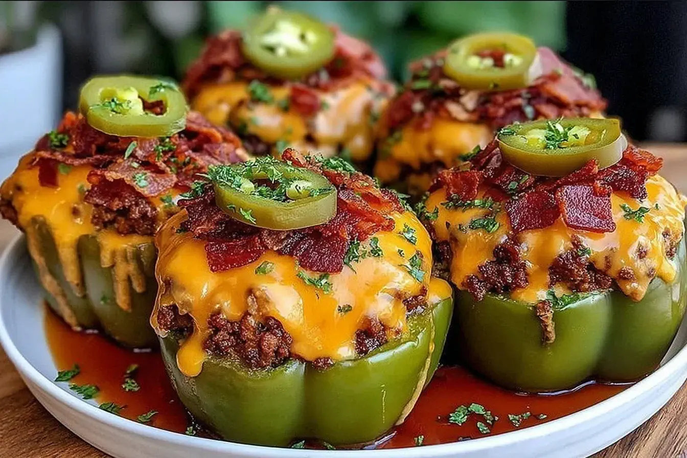 BBQ Bacon Cheeseburger Stuffed Peppers topped with melted cheddar, crumbled bacon, jalapeños, and garnished with fresh parsley on a white plate.